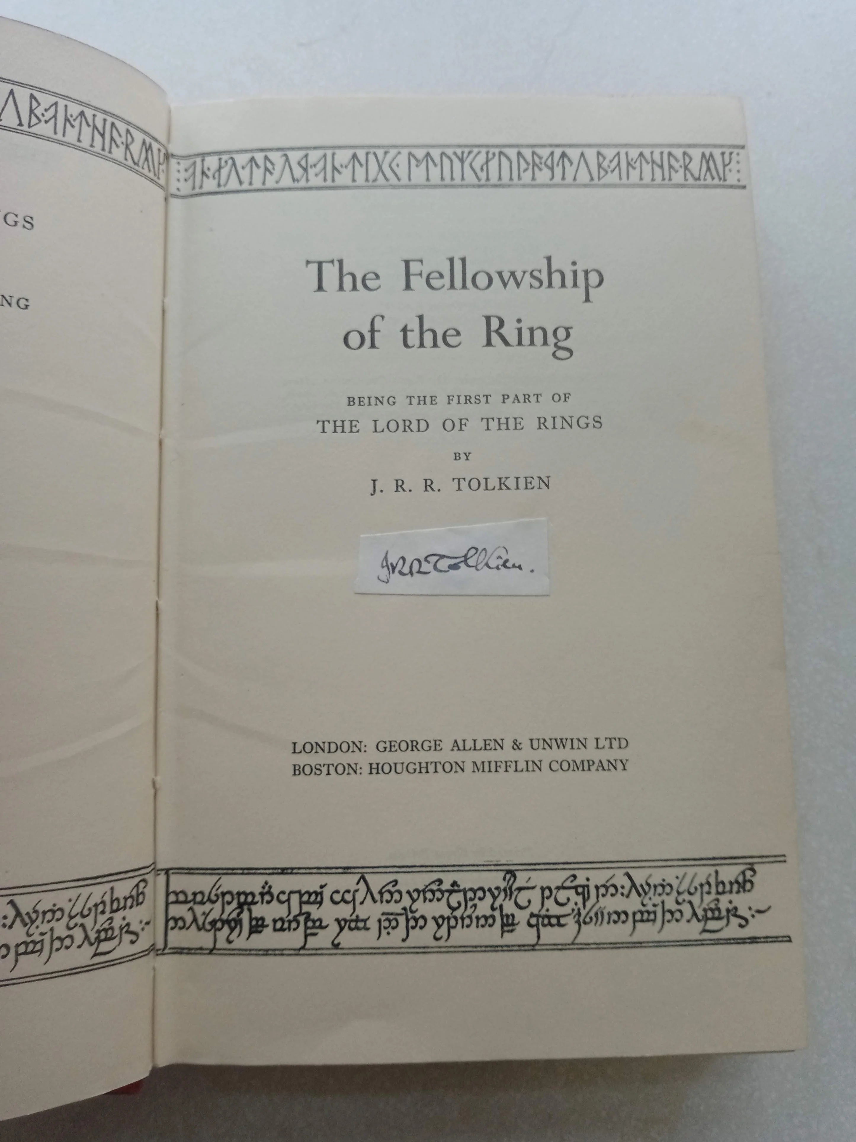 Own a rare first edition set of J.R.R. Tolkien's The Lord of the Rings. This 3-volume set, published by George Allen & Unwin, includes The Fellowship of the Ring with Tolkien's signature on a pasted-in slip. A must-have for collectors!