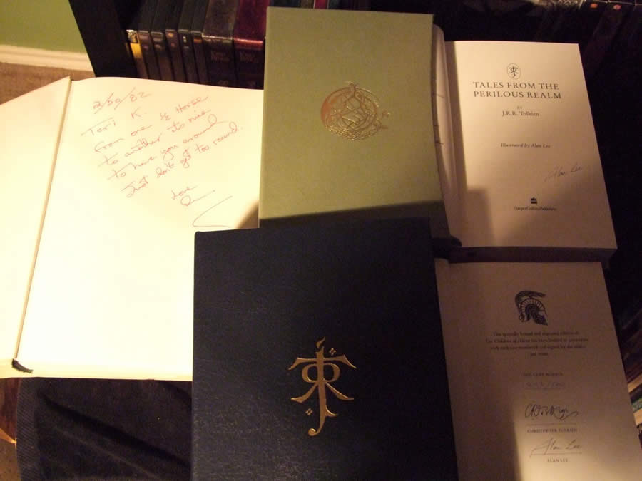 Signed Editions: A Tolkien Bestiary by David Day. 1977 first Printing. Signed by Author. Tales from the Perilous Realm. Signed by Alan Lee. The Children of Húrin. Super Deluxe Limited Edition. Copy 273 of 500. Signed by Christopher Tolkien & Alan Lee.