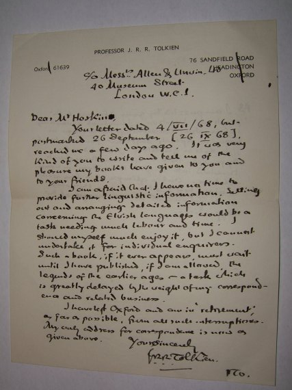 J.R.R. Tolkien Autograph Letter to Niall Hoskin: A Glimpse into the Linguistic World of Middle-earth 2