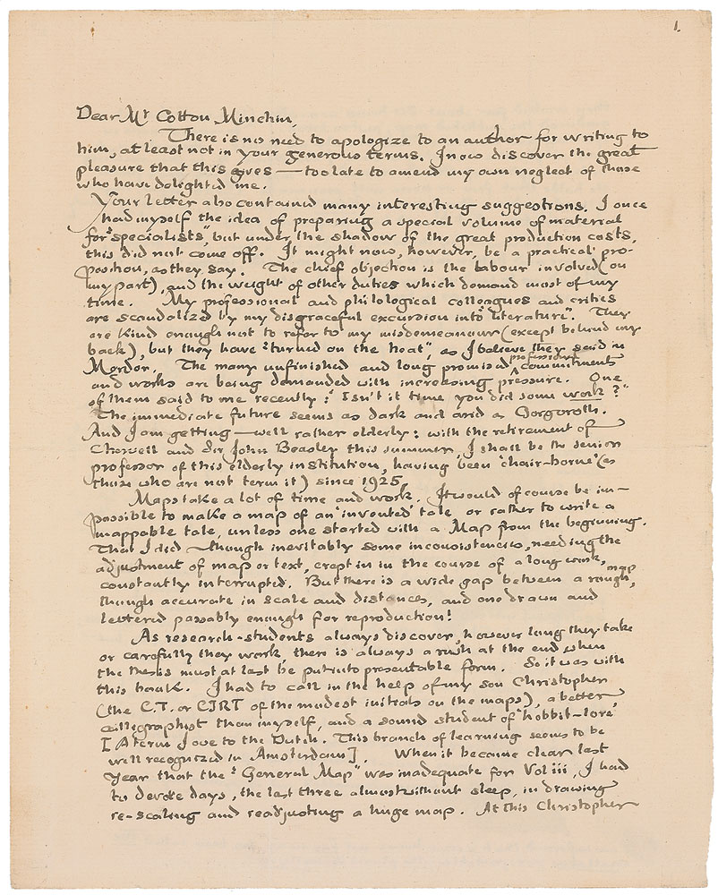 Important letter regarding the publication of The Lord of the Rings on auction