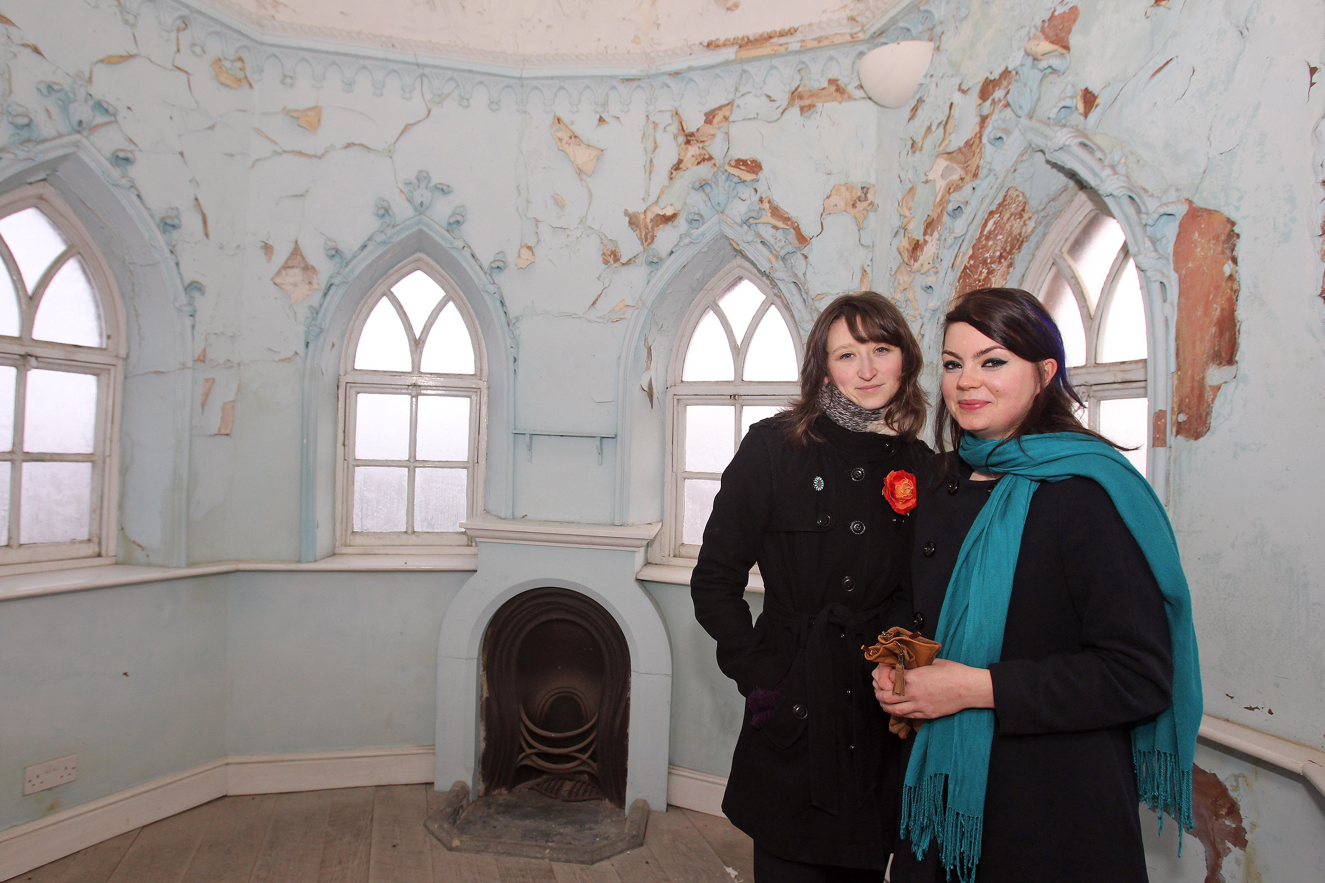 Artists Naomi Wood (left) and Elizabeth Jordan inside the imposing Perrott's Folly tower in Edgbaston