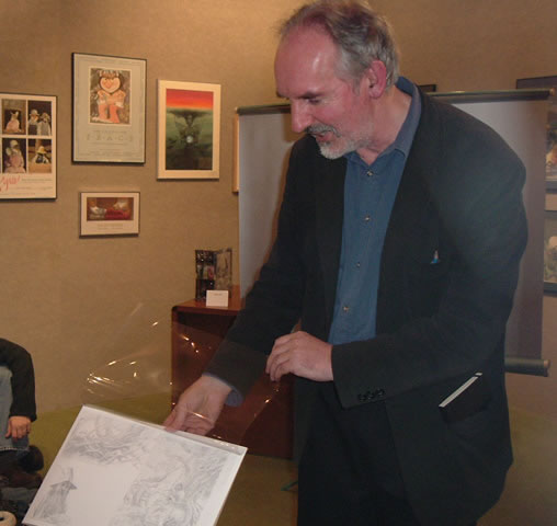 Alan Lee with drawing of Lord of the Rings Sketchbook