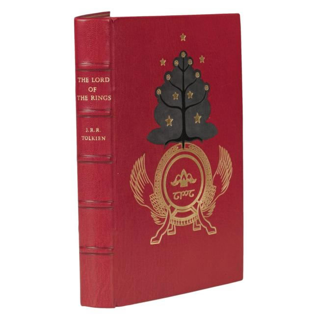 The full red morocco by Bayntun-Riviere with tolkien's design, originally used for the India paper edition cover, in gilt together with grey and black morocco onlays really is wonderful. 