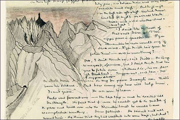 Mountain drawings from a page of tolkien's manuscript for Lord of the Rings