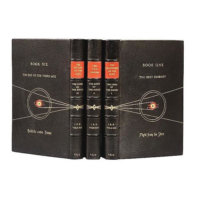 This permission by J.R.R. Tolkien resulted in the amazing first edition set, bound in black morocco gilt by Bayntun with design of ring in gold and the eye of Sauron composed of red morocco onlays on both covers of each volume.