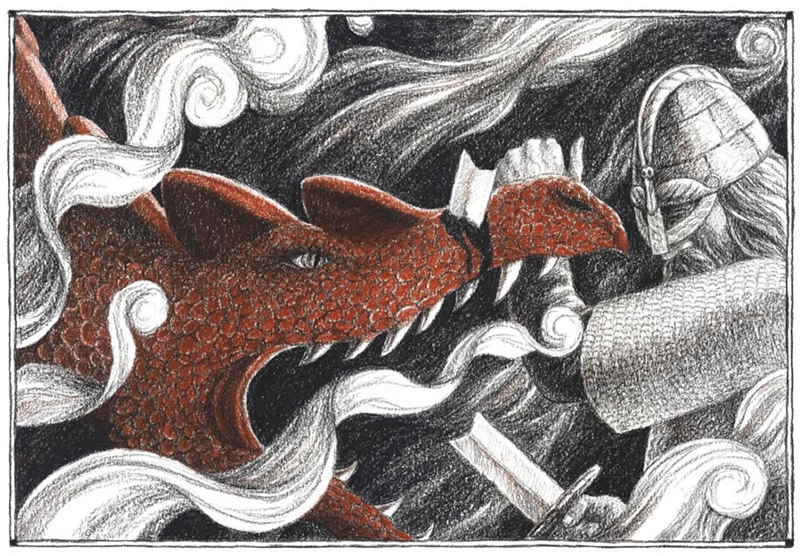 The fight I Illustration from Beowulf and the Dragon