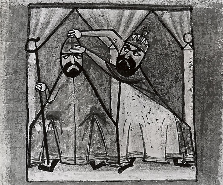 Investiture of a bishop by the emperor of Barbarusia. Minature painting, school of Tenebrosa, 12th century.