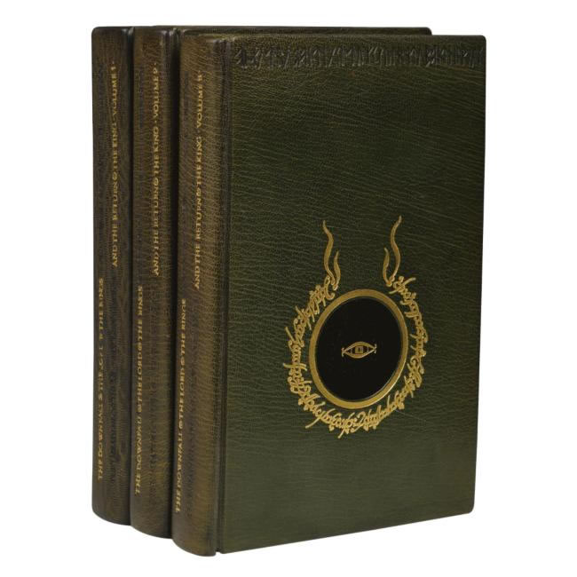 The full green morocco features tolkien's 'Ring and Eye' device in gilt and black on upper covers together with tolkien's 'certar' lettering in black at top edge
