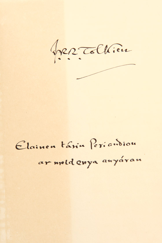 In volume one Tolkien has penned „Elainen tarin Periandion ar meldenya anyaran“ (to Elaine, Queen of Hobbits and my very old friend)