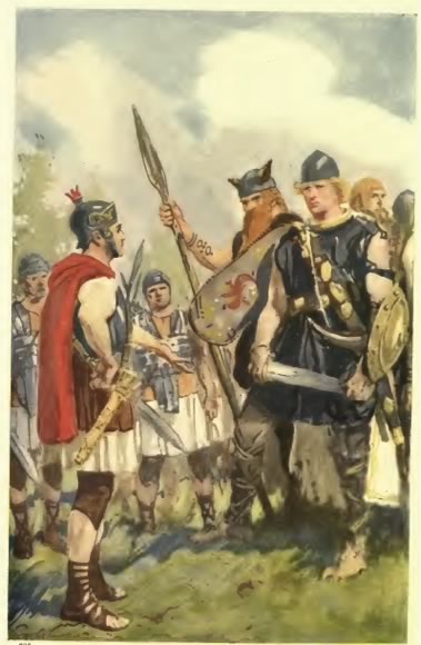 ‘Tell Suetonius that we scorn his mercy and will die as we have lived, free men’, in Beric the Briton. A Story of the Roman Invasion, by G.A. Henty, illustrator unknown, Blackie and Son, London, 1893