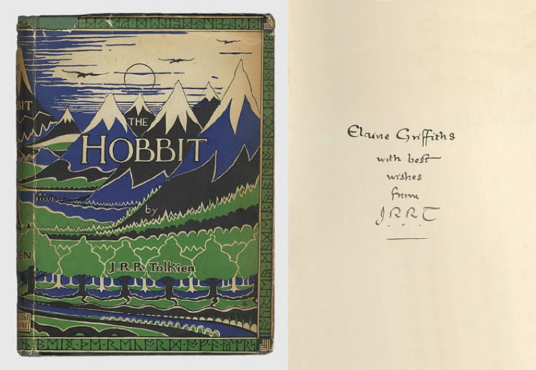 In the following The Hobbit we can read "Elaine Griffiths, with best wishes from J.R.R.T".