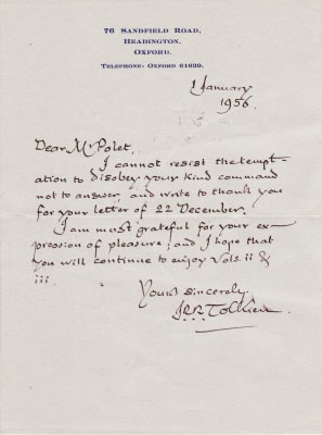 Handwritten letter by Tolkien, 1 Jan 1956