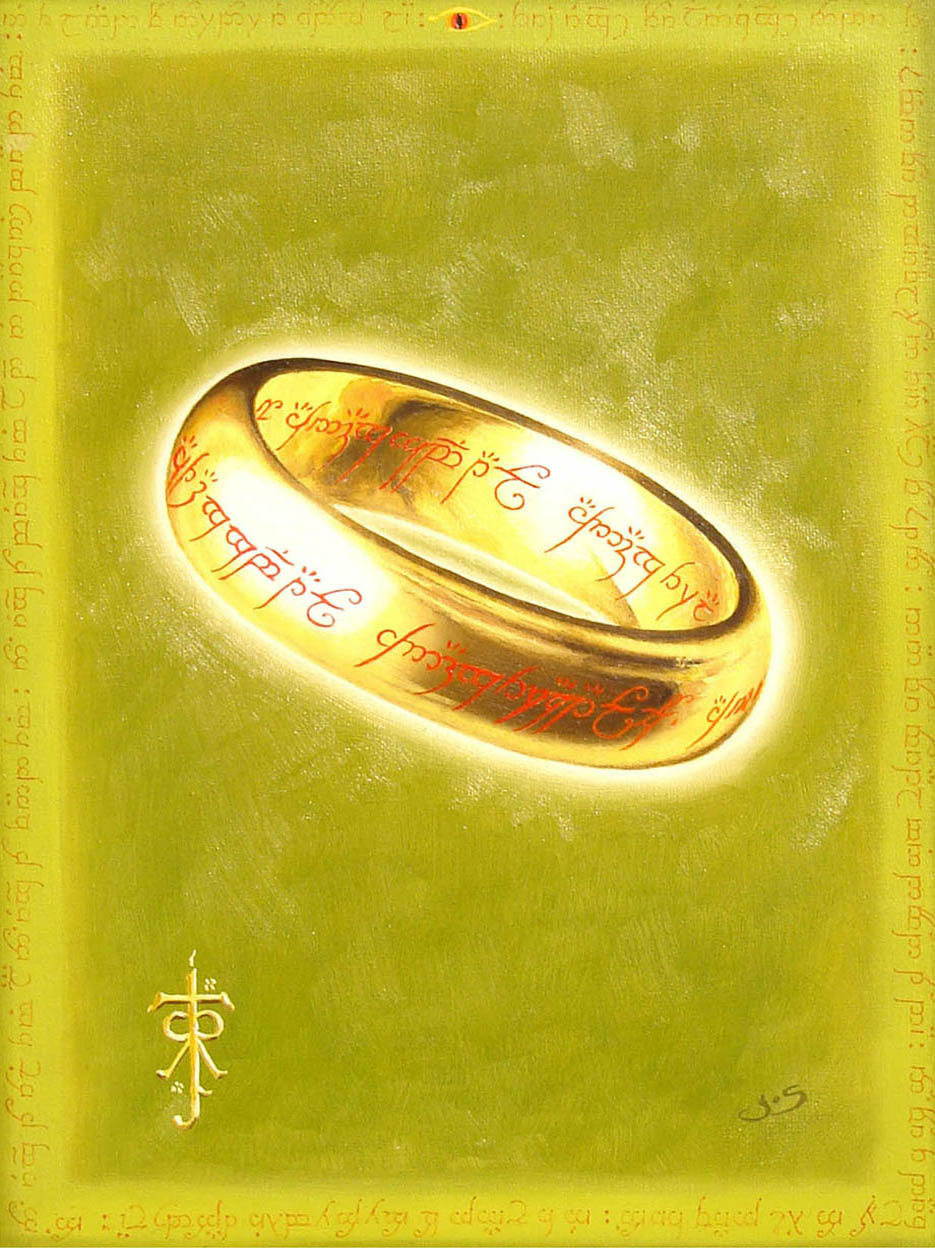 The One Ring With the inscription on both side of the ring and elven text along the border of the painting. 