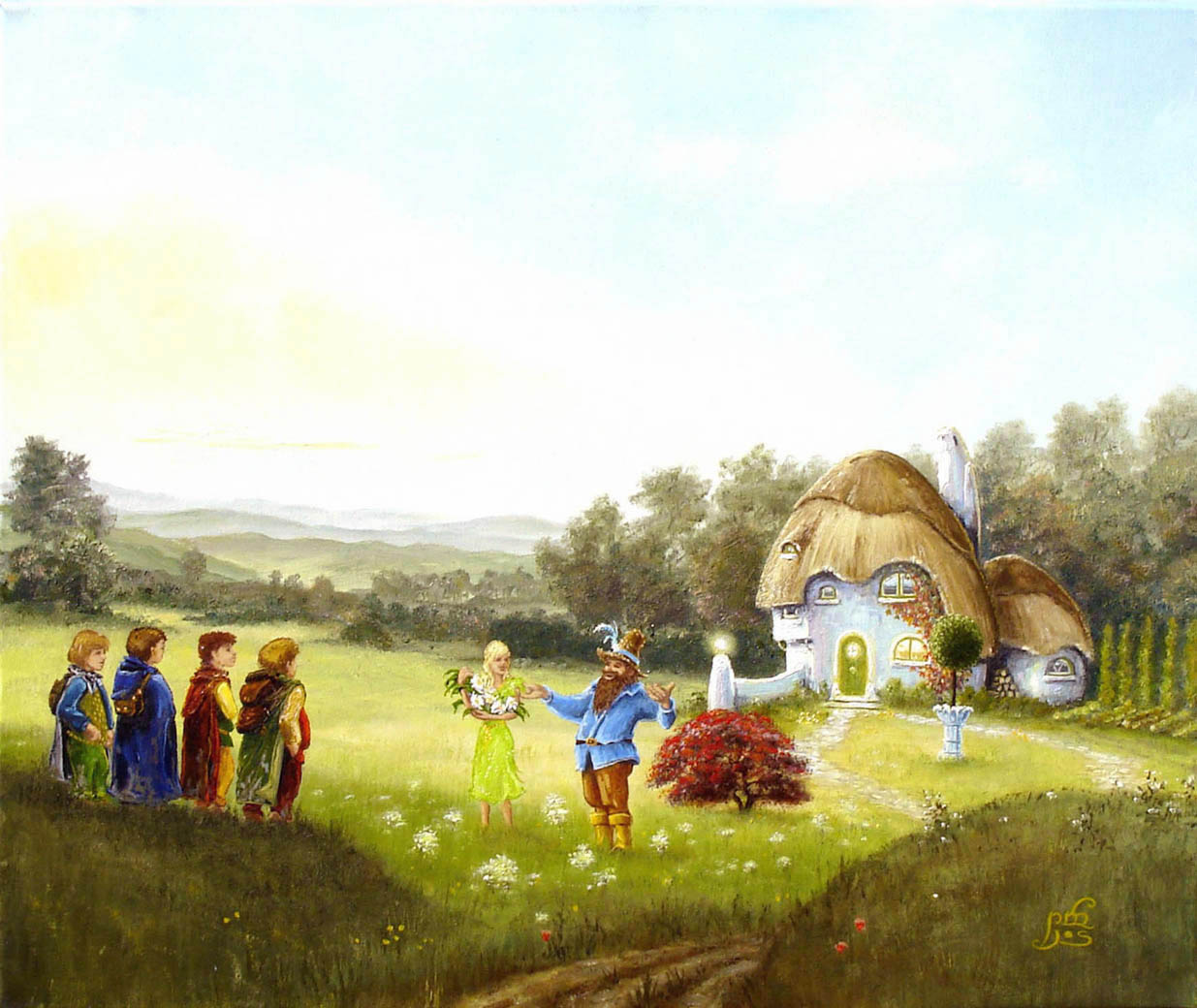 Tom Bombadil Frodo, Sam, Merry and Pippin are greeted by Tom Bombadil and Goldberry. 