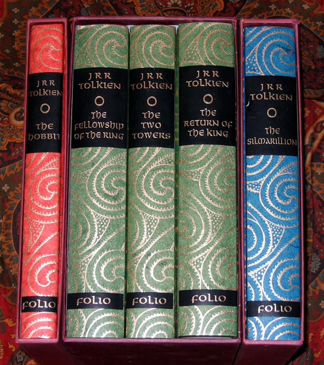 Folio Society Set of 5 Books, The Hobbit, The Lord of the Rings, and The Silmarillion, with 3 publishers slipcases