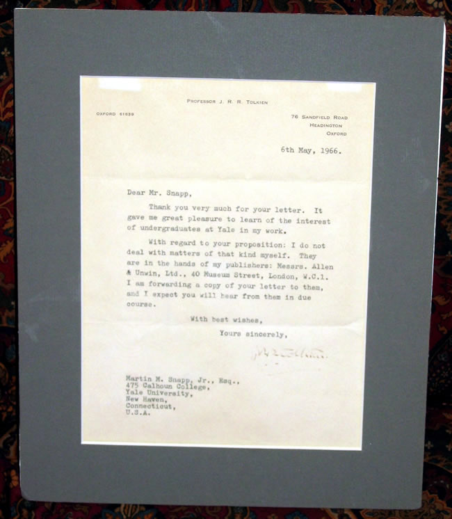 A one page Typewritten letter Signed by J.R.R. Tolkien, matted ready to frame