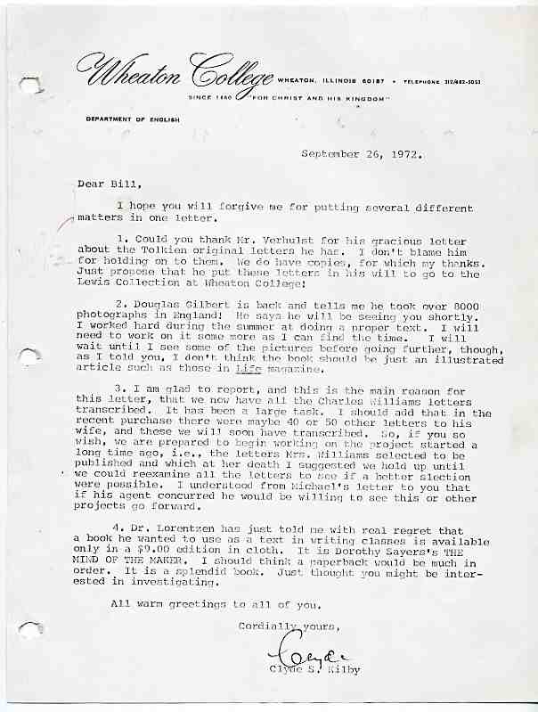 A copy of a letter by Clyde Kilby that discusses the Tolkien letters in this collection.