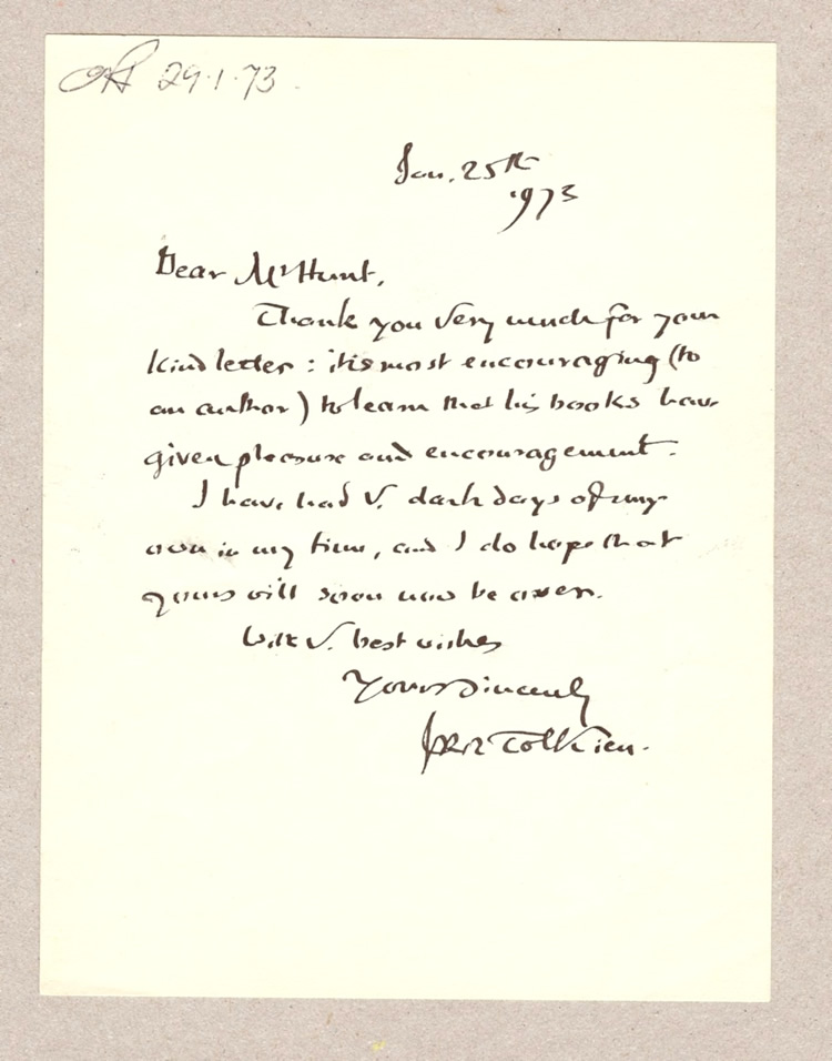 Handwritten letter signed J.R.R. Tolkien