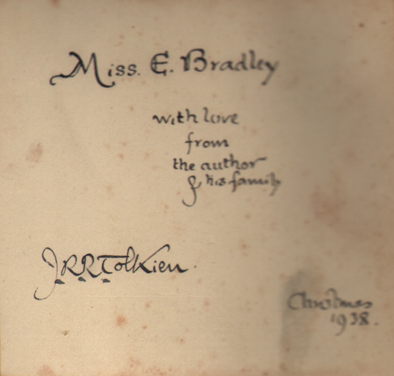 A Cut 1938 Signature of J.R.R. Tolkien, dedicated to Miss E. Bradley