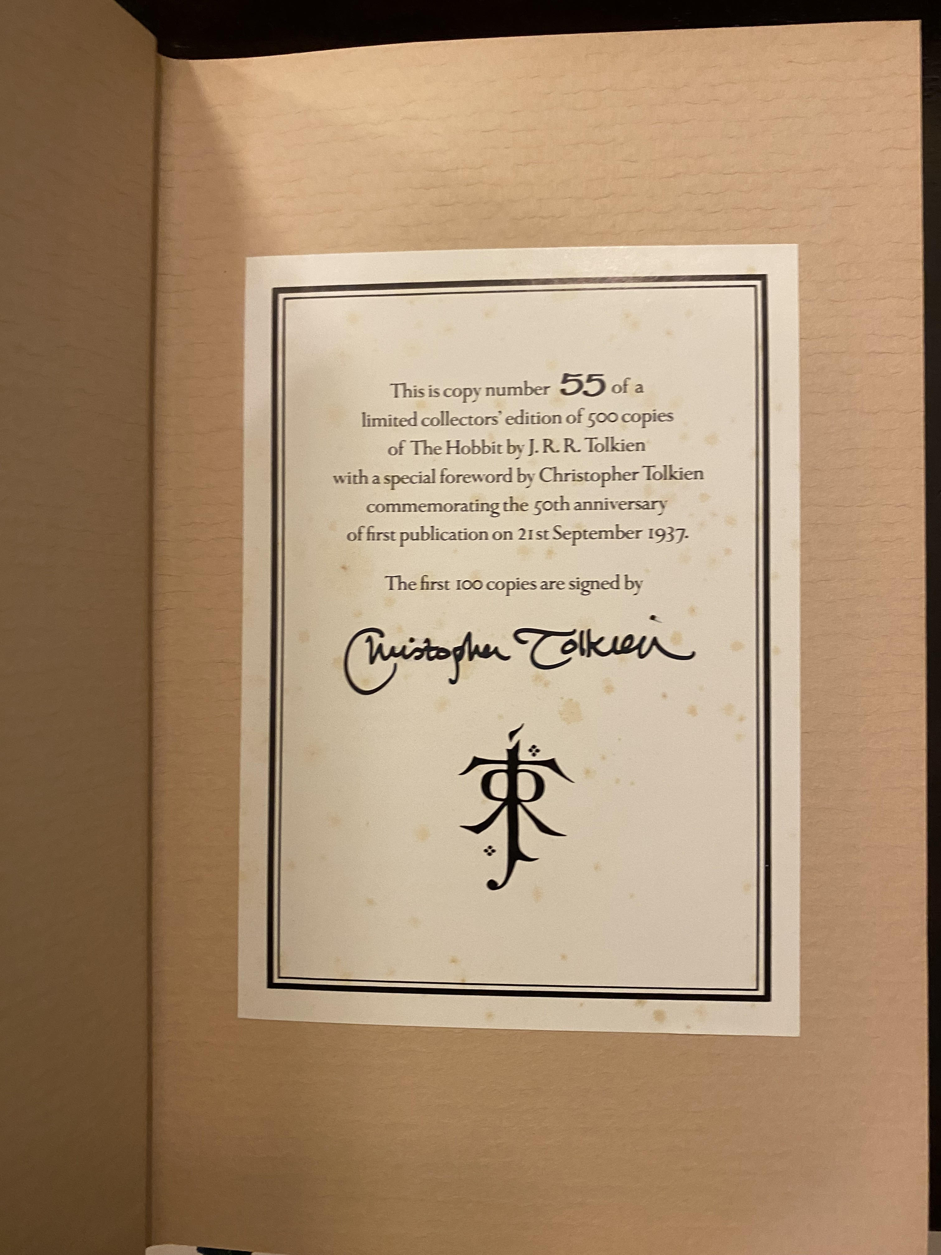 This Limited Numbered Edition, signed by Christopher Tolkien, was published in 1987 to celebrate the 50th Anniversary of the original publication of The Hobbit.