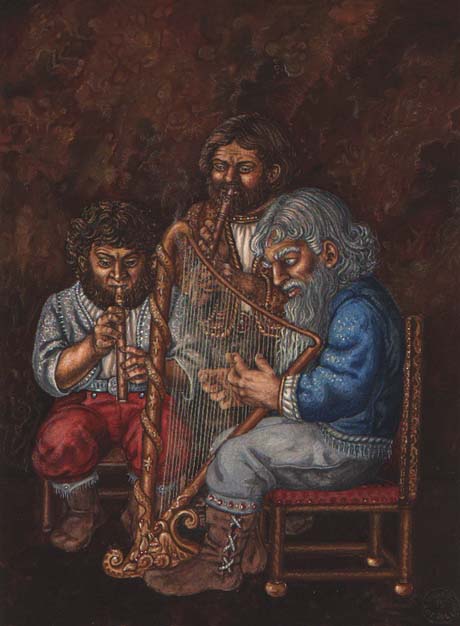 Dwarves playing music by Inger Edelfeldt, original art