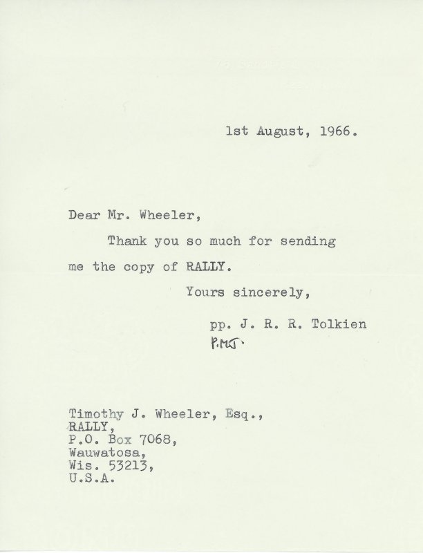 A letter by tolkien's assistant signe P.M.J.
