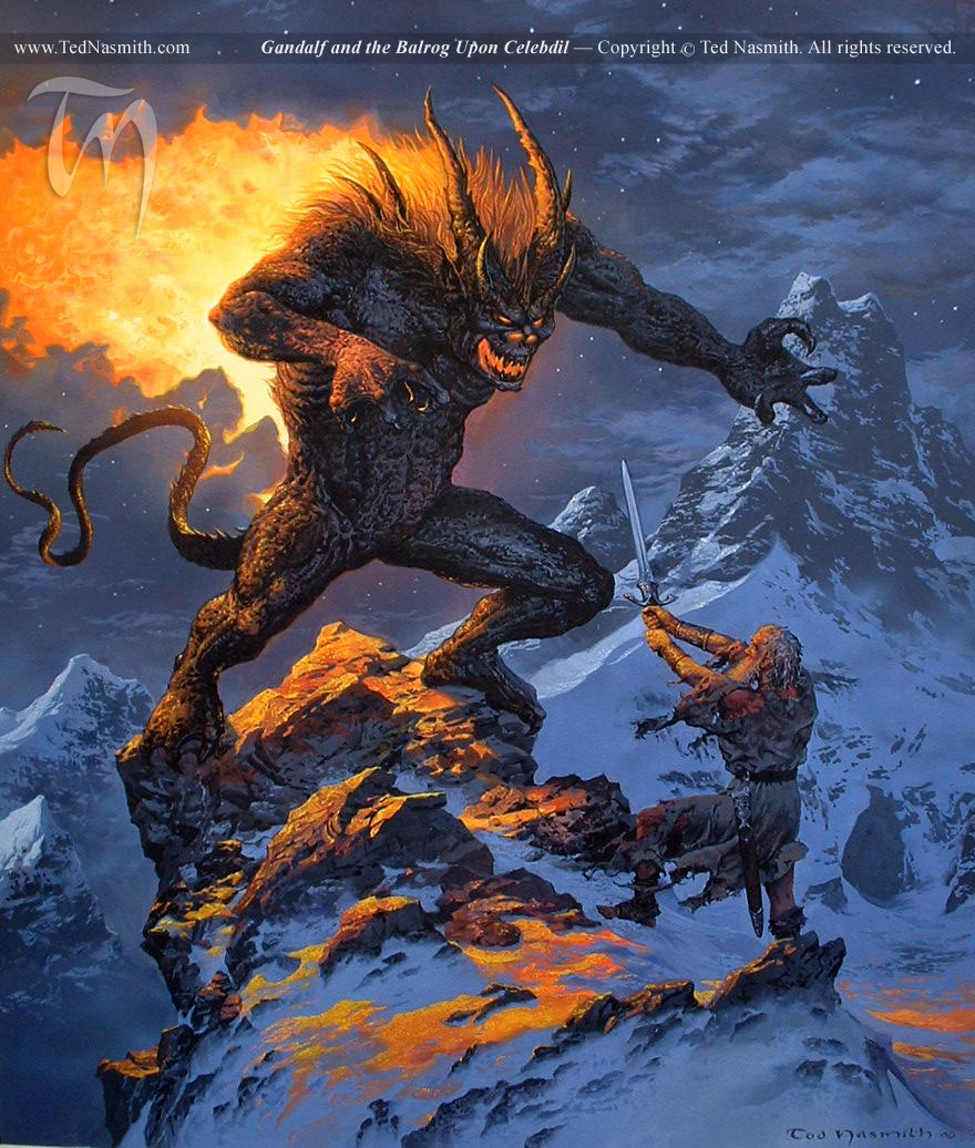 Gandalf and the balrog upon Celebdil by Ted Nasmith