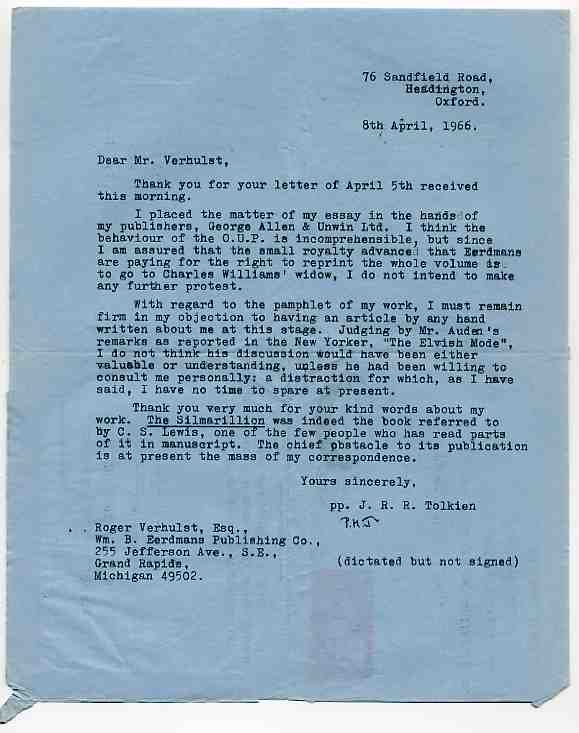 TLS, one page, 76 Sandfield Road, 8th April, 1966, dictated by Tolkien and signed by Phyllis M. Jenkinson