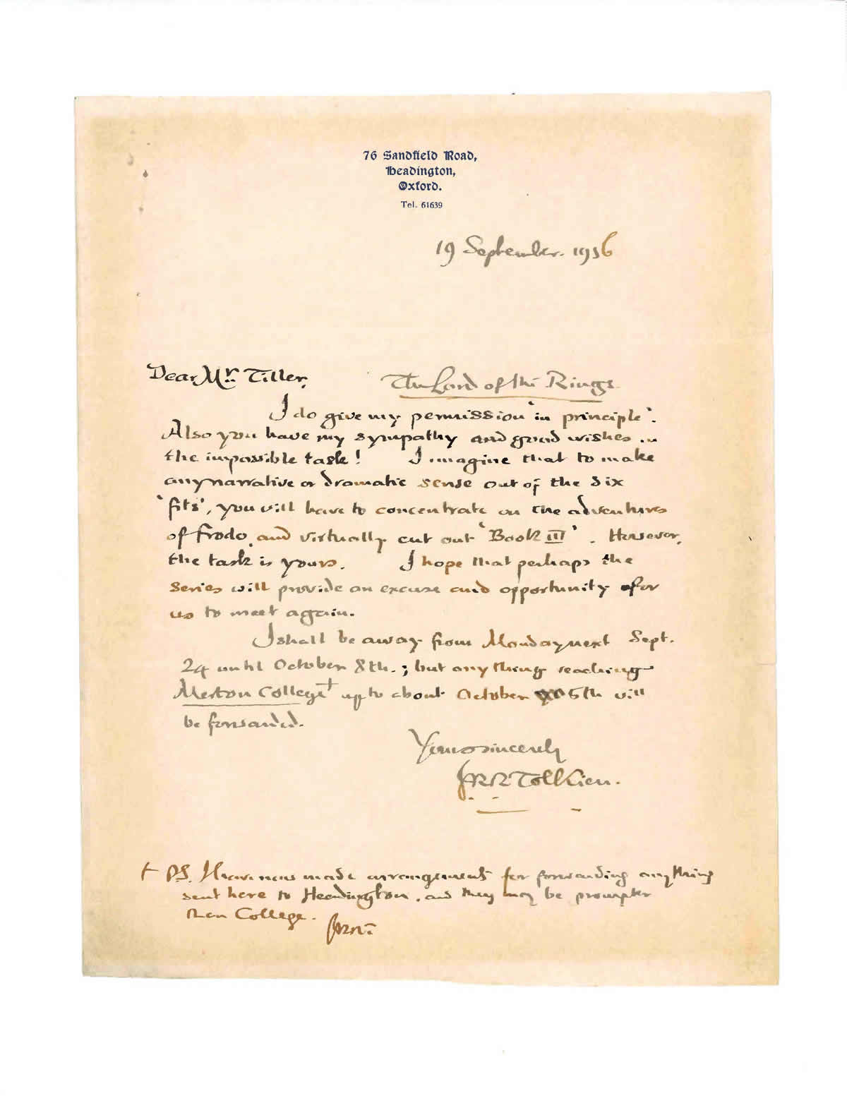 A one page handwritten letter signed J.R.R. Tolkien to BBC Radio Producer Terence Tiller