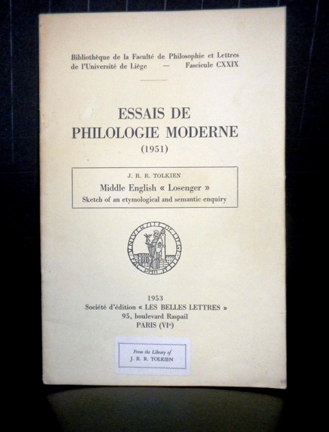 Essais de Philologie Moderne - J.R.R Tolkien - Middle English Lonsenger from tolkien's personal library