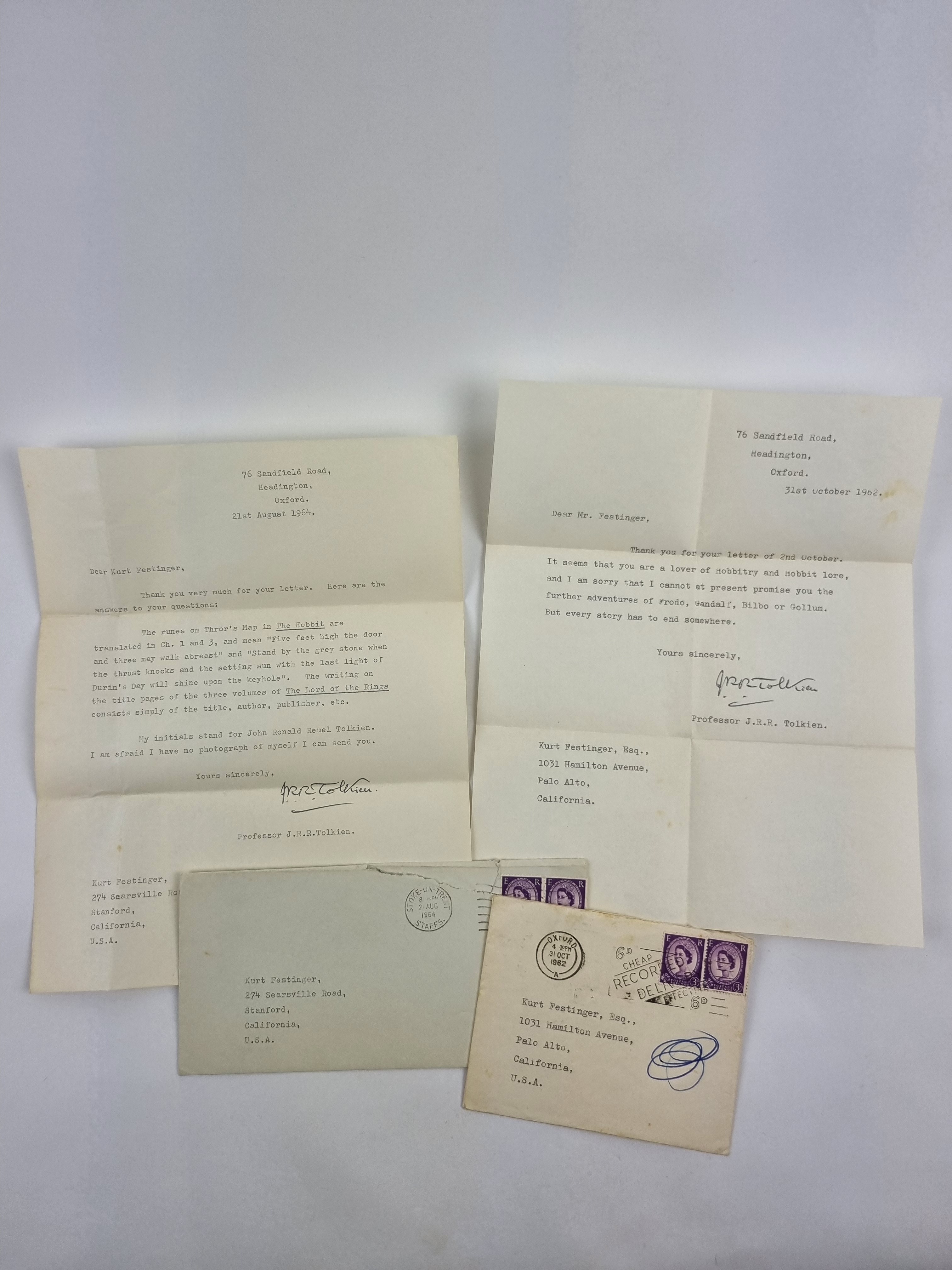 Two typed signed letters from J.R.R. Tolkien to Kurt Festinger