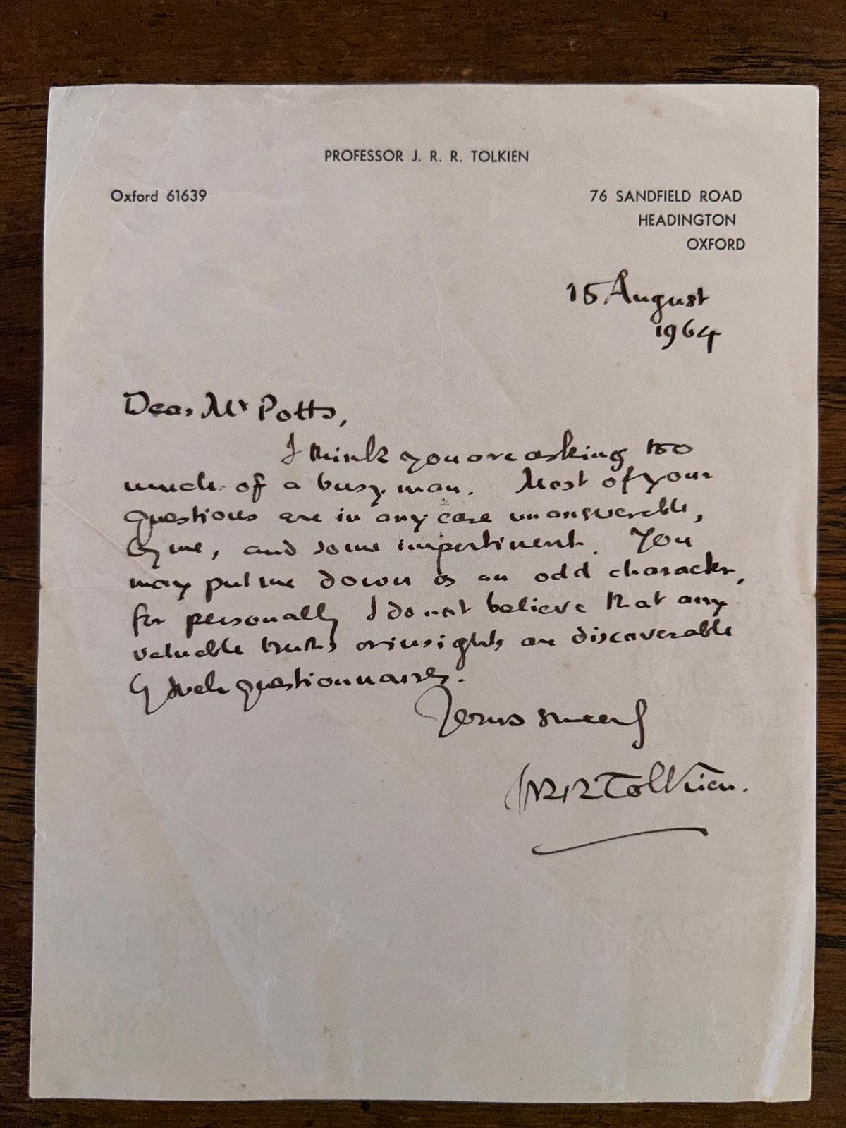 Autograph letter signed by J.R.R. Tolkien to Mr. Potts, 15 August 1964
