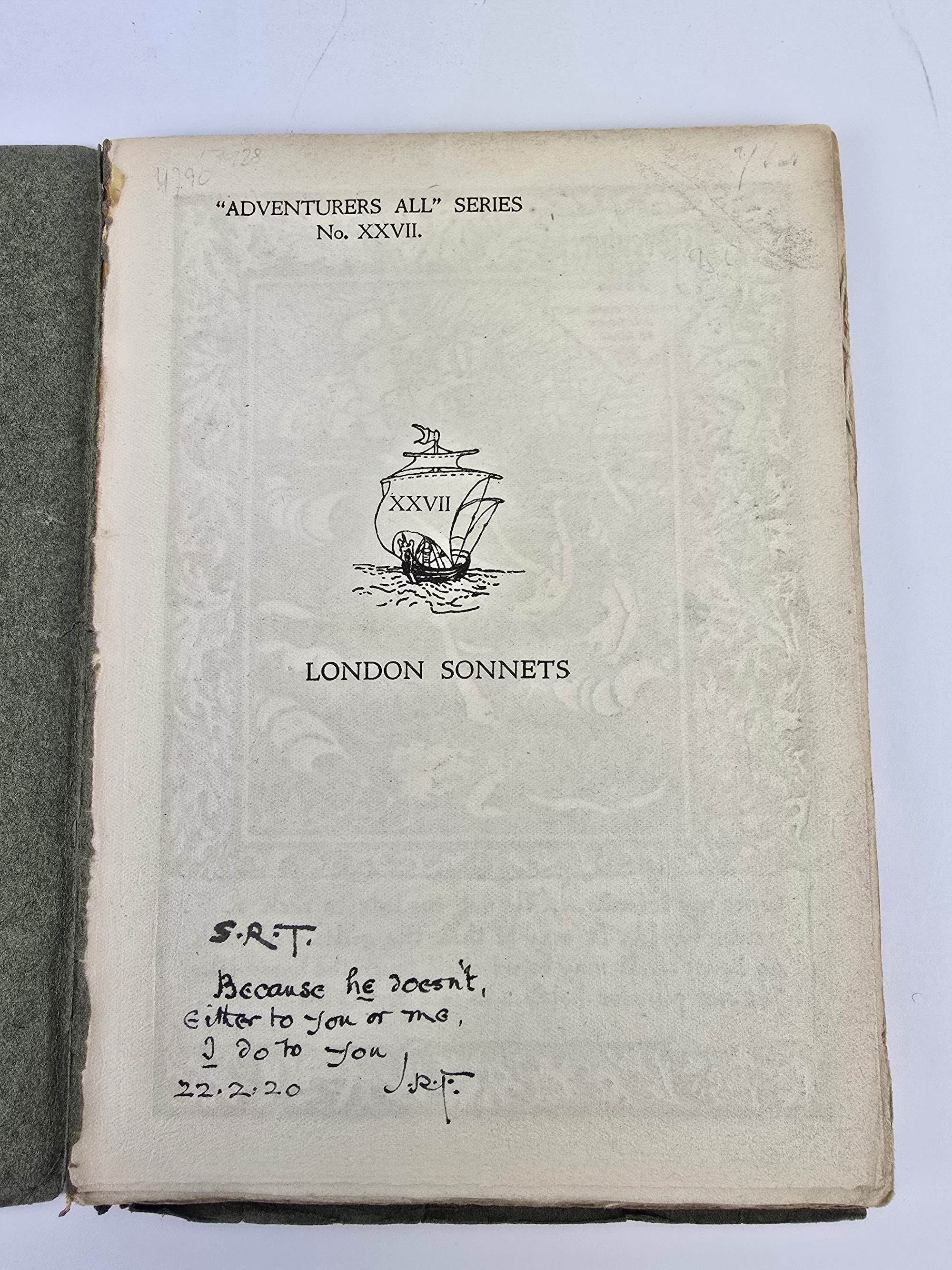 Humbert Wolfe London Sonnets, 1920 first edition, inscribed by J.R.R. Tolkien