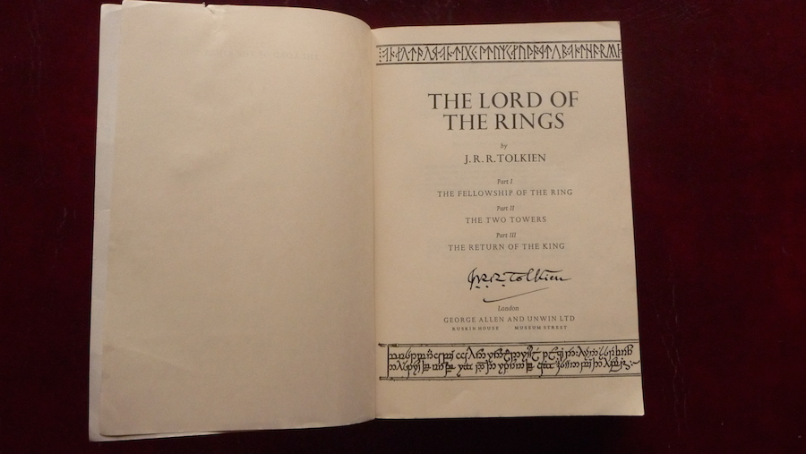Signed "J.R.R. Tolkien" in black ink above the publisher's name on the title page. 